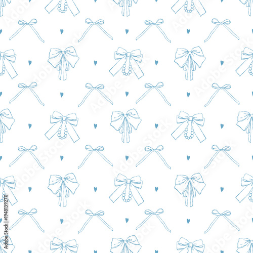 Pastel blue bows and hearts on a white background. Seamless girlish pattern of vintage ribbons and bows, vector line art, flirty feminine print, hand-drawn. Delicate retro illustration for holidays