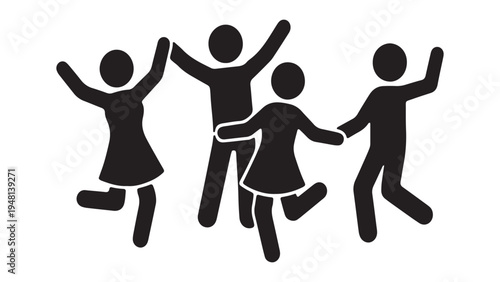 Diverse community members holding hands and jumping for joy vector illustration.