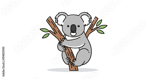 Cute koala climbing on a tree branch with leaves