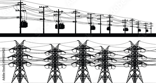 Electrical power distribution poles with transformers, urban utility infrastructure, high voltage 