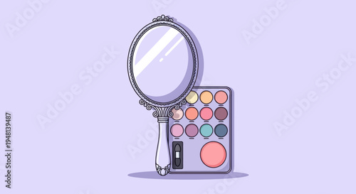 Vintage mirror and makeup palette on a pastel background.