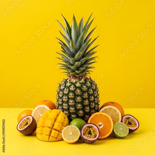 Fresh tropical fruit arrangement with pineapple on yellow background