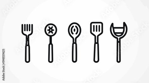 Stylized line drawing of kitchen tools including fork, slotted spoon, spatula, and scraper on white