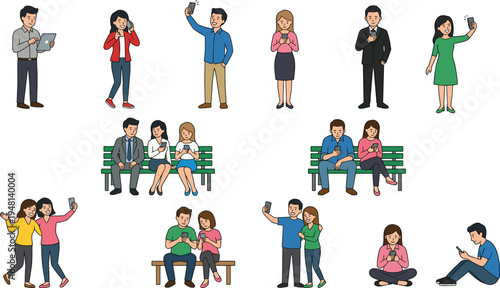 Collection of diverse people using smartphones for selfies, texting, and browsing while sitting on benches or standing in various poses.