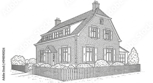 Detailed Sketch of a Quaint Two-Story House with Fence.