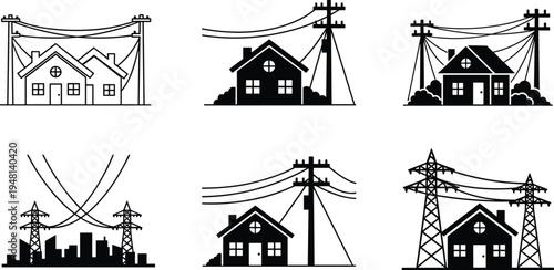 Electrical power distribution vector illustration, utility poles and transmission towers, residential houses connected to grid, urban skyline infrastructure, black and white line art