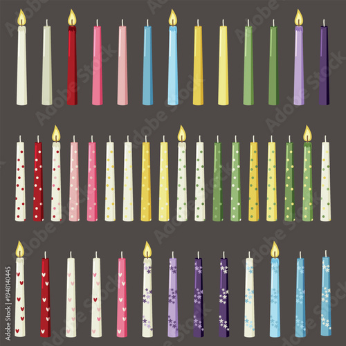 Big set of colorful taper candles with cute floral, polka dot and heart designs