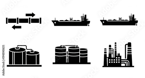 Oil and Gas Industry Icons - Pipeline, Tanker, Storage, and Refinery.