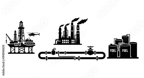 Oil and Gas Industry Infrastructure Silhouette Icons - Offshore Platform, Refinery, Storage.