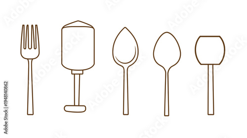 Linear illustration of cutlery, showcasing a fork, glass, and three spoons. Simple design on white