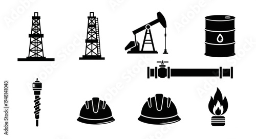 Oil and Gas Industry Icons - Rigs, Pumps, Barrels, and Safety Gear.