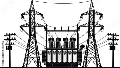 Electrical substation vector illustration, high voltage power transformer with cooling fans, transmission towers, utility poles, energy distribution infrastructure, electricity grid system artwork