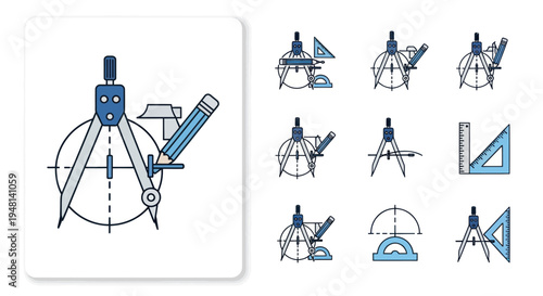 Set of engineering and geometry drafting tools icons with compass ruler and pencil.