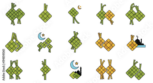Collection of Green and Yellow Ketupat Illustrations with Islamic Symbols.