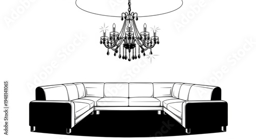 Elegant Living Room Interior - U-Shaped Sofa and Chandelier Silhouette.