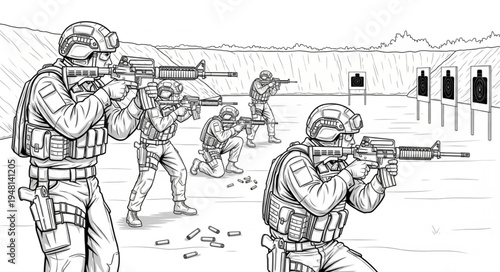 Military Personnel Engaged in Target Practice with Rifles.