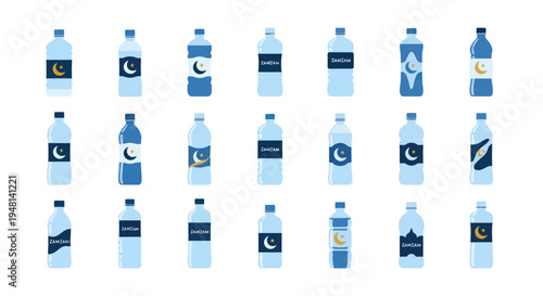 Collection of Islamic-themed water bottles with crescent moon and star symbols.