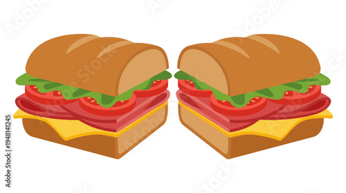 Two cartoon-style submarine sandwiches, each filled with meat, cheese, tomatoes, and lettuce, on a white background.