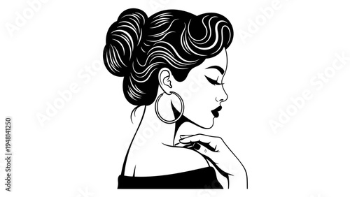 Elegant Woman Portrait, Retro Hairstyle, Glamorous Makeup, Vintage Style, Black and White