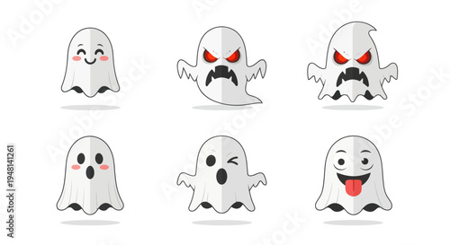 Collection of Cartoon Ghosts with Varying Expressions for Halloween.