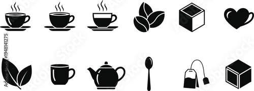 Coffee and Tea Icon Set, Silhouette Morning Beverage Symbols, Teapot, Coffee Beans, Sugar Cubes, Heart Cup, Spoon and Leaves, Vector.