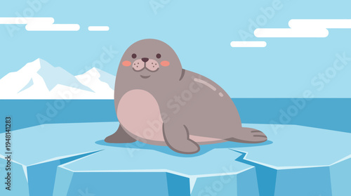 Cute cartoon seal sitting on an ice floe in a blue arctic ocean with icebergs in the background, a charming illustration.