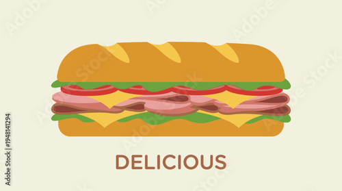 A cartoon illustration of a delicious submarine sandwich with ham, cheese, lettuce, and tomato on a light background.