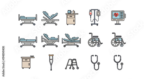 Colorful line art icons of hospital equipment: bed wheelchair crutches IV drip and monitor.
