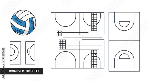 Volleyball and Court Diagram: Sporting Equipment and Field Layout Illustration.