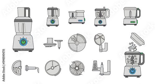 Collection of Kitchen Food Processors and Interchangeable Parts.