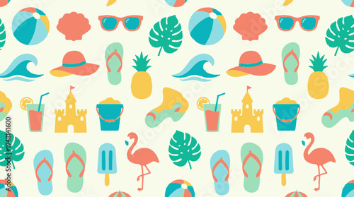 A vibrant seamless pattern featuring an array of colorful summer and beach-themed icons like beach balls, seashells, sunglasses, pineapples, sandcastles, flip-flops, and flamingos.