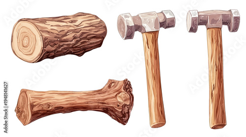Digitally rendered image featuring two hammers with wooden handles and two cut logs with textured surfaces
