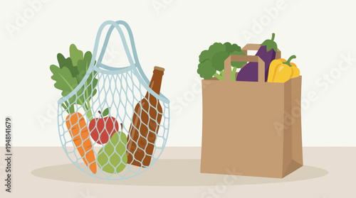 An illustration depicting a reusable mesh bag and a brown paper bag filled with various fresh fruits, vegetables, and a bottle, representing grocery shopping and sustainable choices.