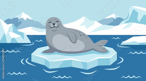 Happy cartoon seal resting on an ice floe in a cold arctic ocean with icebergs and mountains.
