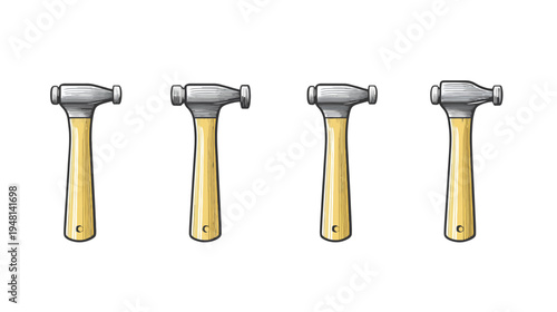 Four cartoon-style hammers with wooden handles, arranged horizontally against a white background