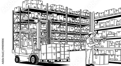 Warehouse Scene with Forklift and Worker Illustration.