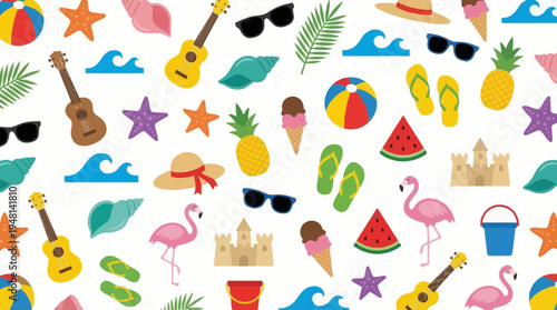 A vibrant and colorful seamless pattern featuring a variety of summer and beach-themed items like sunglasses, ukuleles, pineapples, flamingos, and sandcastles on a white background.