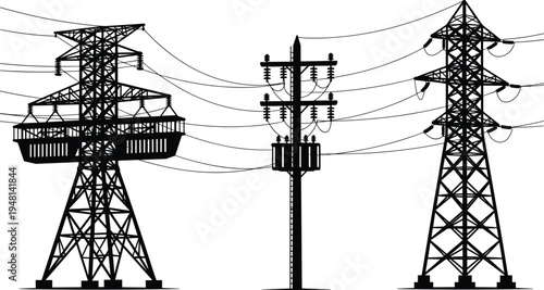 Electrical transmission towers, steel lattice structures, wooden utility pole, power distribution lines, 
