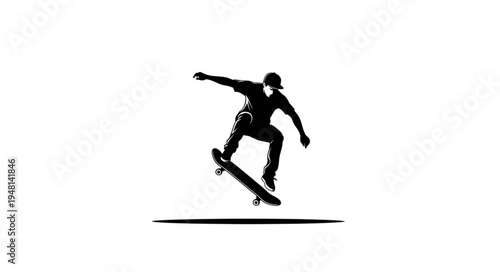 Silhouette of a skateboarder performing a trick in mid-air with dynamic energy.