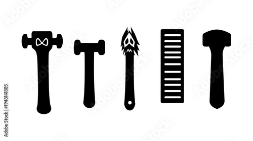 Silhouetted tools on white background, including hammers, a plant-like shape, and a ruler