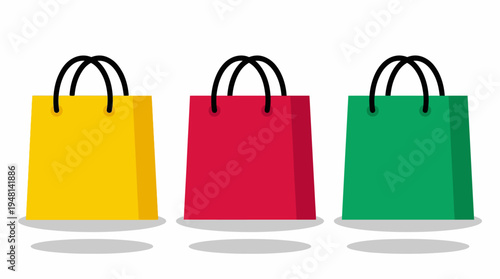 Three colorful shopping bags in yellow, red, and green with black handles, casting shadows on a white background, representing retail and consumerism.