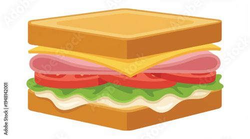 A cartoon illustration of a delicious, layered sandwich with toasted bread, ham, cheese, tomato, lettuce, and mayonnaise.