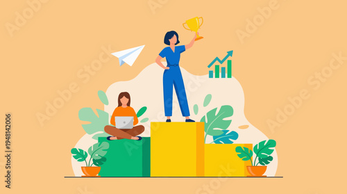 Two women illustrating career success and personal achievement with a trophy and laptop on a podium.