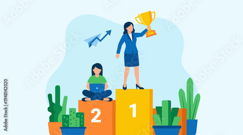 A successful businesswoman holding a trophy on a first-place podium, with another woman working on a laptop on the second-place podium, symbolizing achievement and career growth.