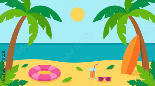 Vibrant cartoon illustration of a tropical beach scene with palm trees, ocean, sand, a surfboard, lifebuoy, sunglasses, and a refreshing drink under a bright sun.