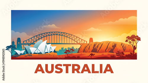 Vibrant illustration of Australia featuring Sydney Bridge, Uluru, and cityscape at sunset with 'AUSTRALIA' text