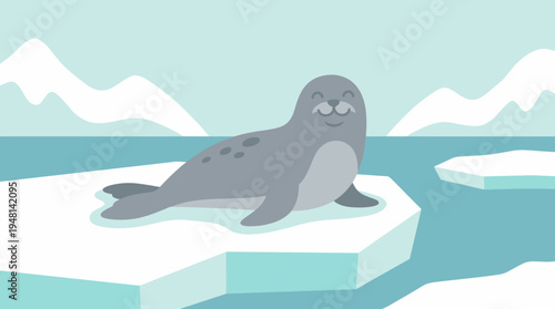 A happy cartoon seal with grey fur and spots sits on a white ice floe in a blue arctic ocean with distant icebergs and mountains under a light blue sky.