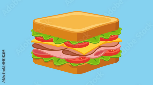An isometric cartoon illustration of a delicious layered sandwich with ham, cheese, lettuce, and tomato between two slices of toasted bread on a light blue background.