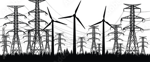 Electrical transmission towers and wind turbines in forest landscape, renewable energy integration, sustainable power grid, eco‑friendly electricity distribution, modern infrastructure illustration