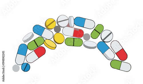 Arc layout colorful pills and capsules cartoon flat vector icons